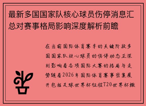 最新多国国家队核心球员伤停消息汇总对赛事格局影响深度解析前瞻